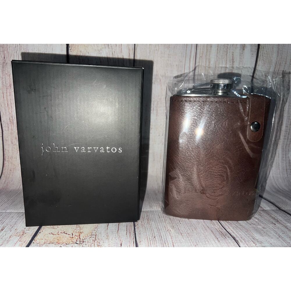John Varvatos Stainless Steel 8 oz. Pocket Flask w/Brown Faux Leather Sleeve NIB
